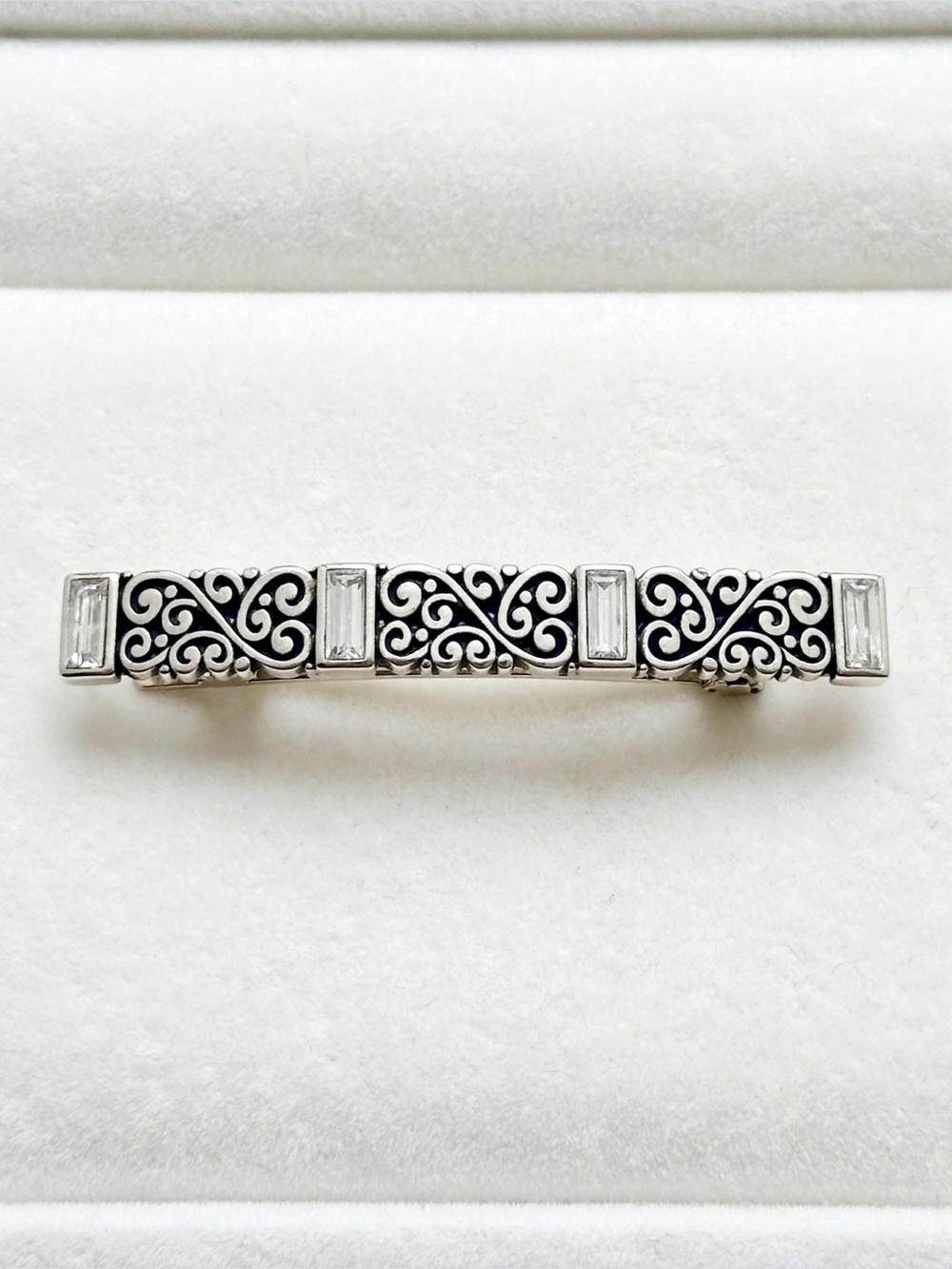 Brighton Crystal Scroll Barrette - Silver Filigree Barrette with Clear Baguette